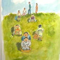 流山カルタ「春の日に　江戸川の土手　草すべり」の絵札（利根運河交流館提供）