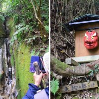 (右）水沼地区の昔話を基に作った「てんぐの腰かけ」（左）こもれびの道にある「穿岩の滝」