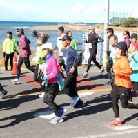 館山湾沿いを駆け抜けるランナーたち＝２５日、館山市