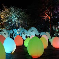 大きさ違いの卵形体が密集して立ち並ぶ作品＝大多喜町
